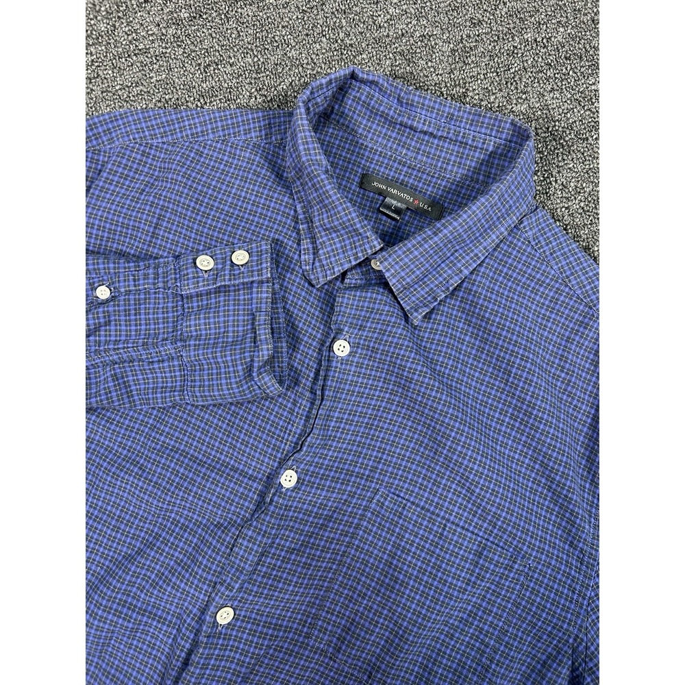 John Varvatos Shirt Men's Large Blue Plaid Button Up Preppy Business Casual L/S